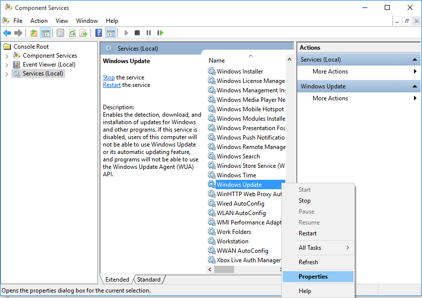Open Windows Update Properties from Component Services Window