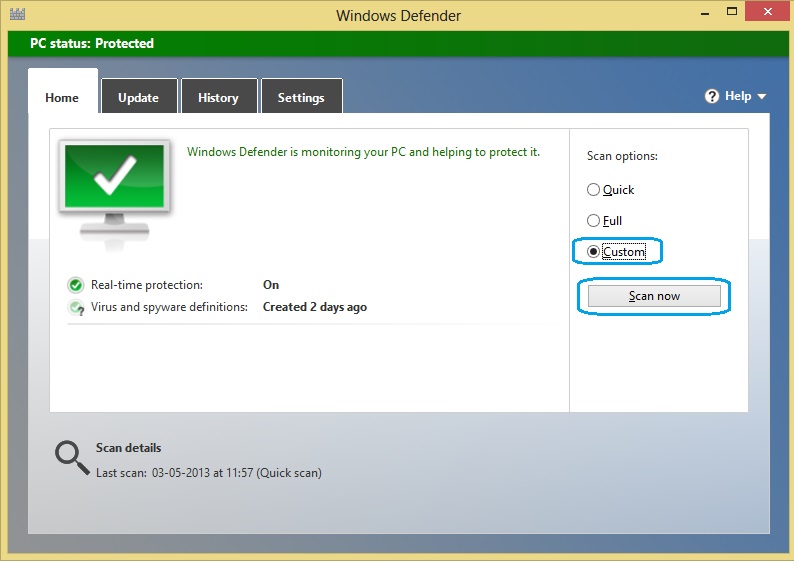 Custom Scan Using Windows Defender