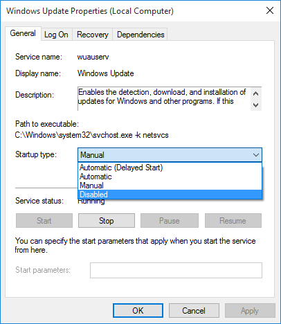 Windows Update Properties Dialog Box to Disable Windows 10 Update
